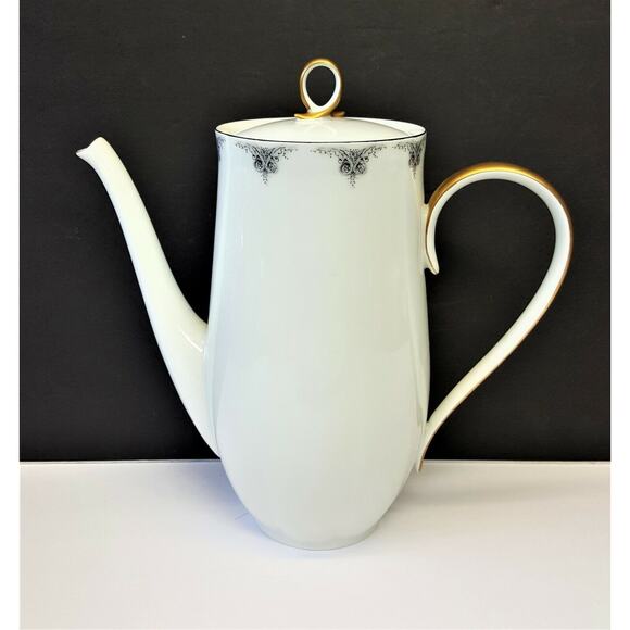 Block China Coffee Pot w/ Lid Chambord Limoges 7-1/2"h Gray/Black on White - Picture 1 of 7